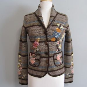 Moth Anthopologie Hand Embroidered Merino Wool Long Sleeve Classy Blazer/Jacket